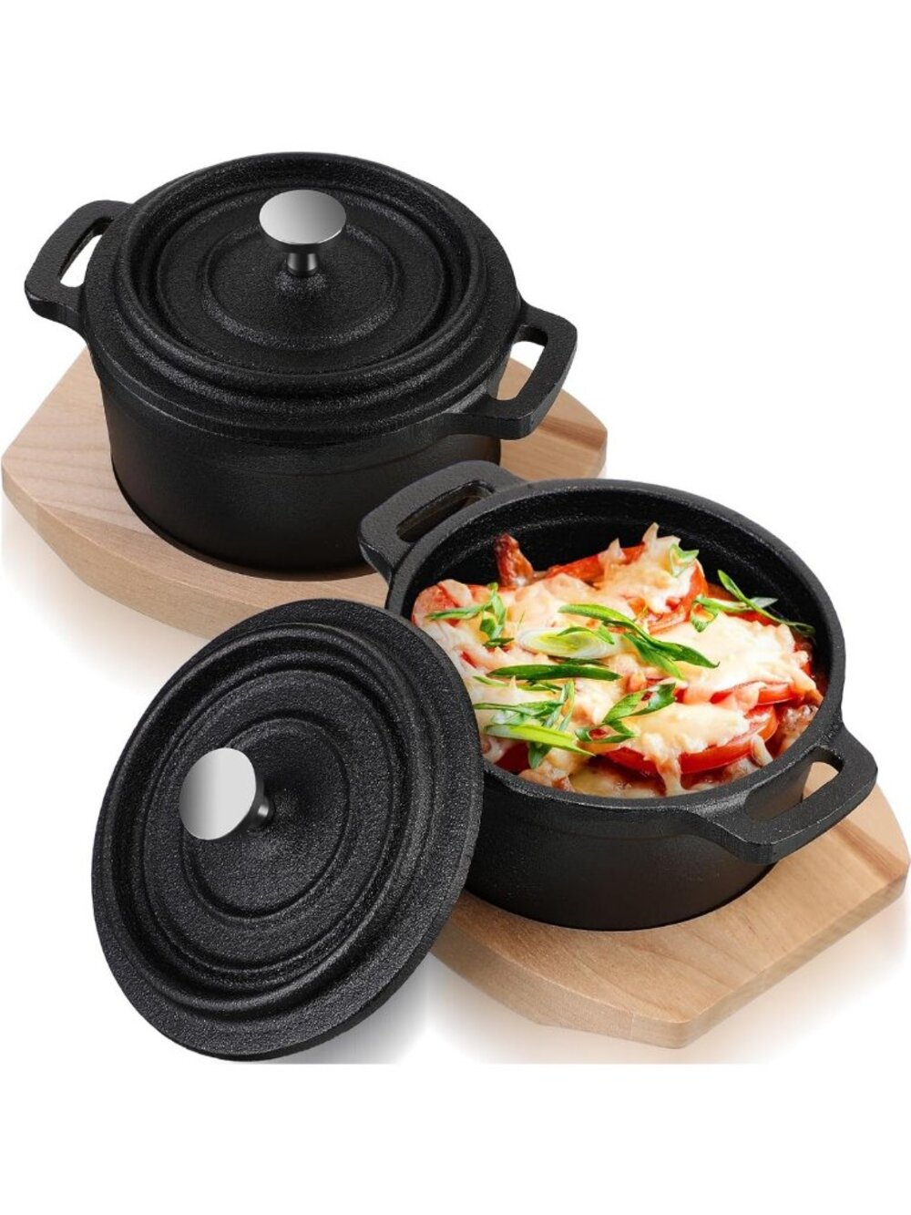 Set of 2 Pre-Seasoned 20 oz Cast Iron Dutch Ovens with Lids & Wooden Base